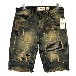 FWRD Denim Boys Moto Biker Shorts Distressed Paint Splatter Blue Size 18 NEW